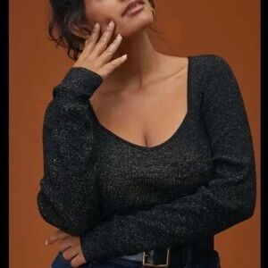 NWT Anthropologie ribbed sparkle square sweetheart neck sweater black gold small